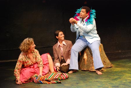 Annie Paul (Celia), Elisabeth Ahrens (Rosalind), and Natalie Lebert (Touchstone). Photo by Bob Pileggi.