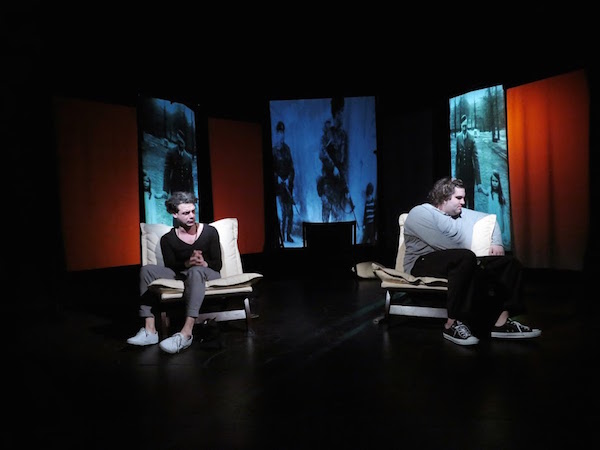 'Golondrinas (Swallows),' written and directed by Aminta De Lara, presented by La MaMa E.T.C. April 16 to 26, 2015. L-R: Howard Collado and Robert Ramos. Photo by Jonathan Slaff.