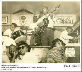 Dr. Willis Kirk, Monk Montgomery, Wes Montgomery, Buddy Montgomery. Henri’s (on Indiana Avenue,Indianapolis), circa mid-1950s. Photographer unknown. Courtesy of Dr. Willis Kirk.