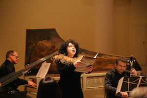 Soprano Jessica Gould sings at Salon/Sanctuary's "At the Pleasure of Mazarin" concert. Photo by Stephen Delas Heras