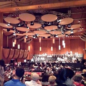 David Geffen Hall’s more intimate ceiling and thrust stage set up for Mostly Mozart Festival. Photo from Mostly Mozart Festival on Facebook by Ruby Lan