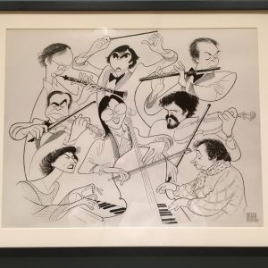 From the library exhibit: Al Hirschfeld sketch of the Mostly Mozart Festival Orchestra with Gerard Schwarz conducting