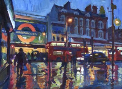 Photo of Edmund Palao's painting, "Brixton Station, Dusk and Rain