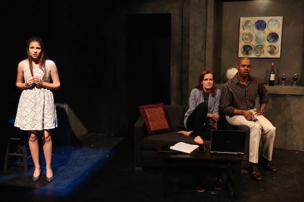 L-R: Kelly Schaschl, Autumn Dornfeld, and Chauncy Thomas in PERCENTAGE AMERICA by Carter W. Lewis, part of the 2018 LaBUTE NEW THEATER FESTIVAL at 59E59 Theaters. Photo by Carol Rosegg