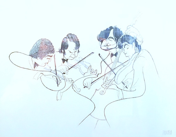 Al Hirschfeld sketch of the Emerson String Quartet, photo credit Ilona Oltuski, courtesy of the Emerson String Quartet