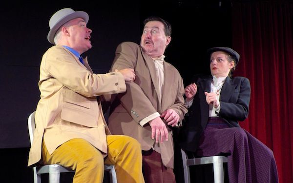 L to R: SHANE BAKER, ALLEN LEWIS RICKMAN and YELENA SHMULENSON in TEVYE SERVED RAW at the Playroom Theater