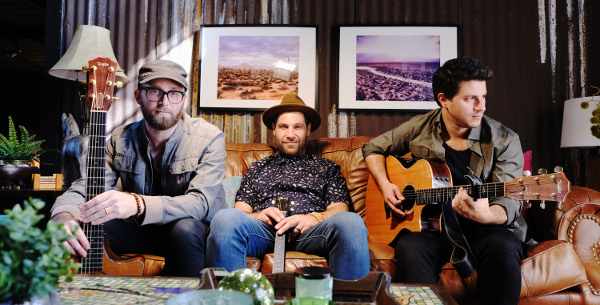 Photo of Duvid Swirsky, Dov Rosenblatt, and Ami Kozak of the band Distant Cousins