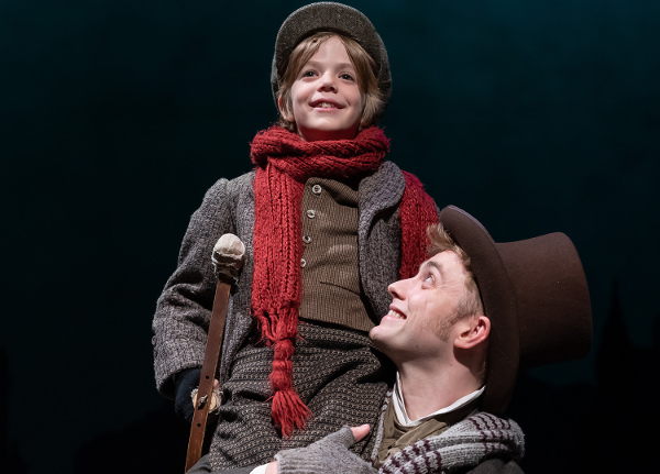 Photo of Aiden Fuller (Tiny Tim) and Gregory Maheu (Bob Cratchit) in the Ford’s Theatre 2018 production of “A Christmas Carol” at Ford’s Theatre.