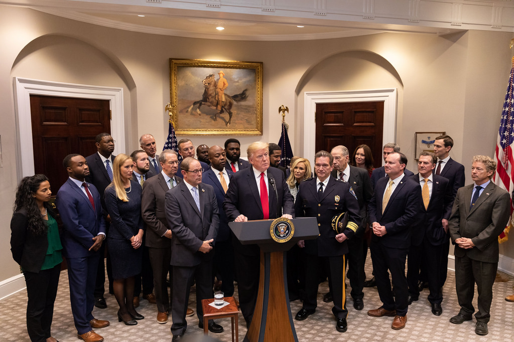 U.S. President Trump addresses his remarks in support of the First Step Act Wednesday, Nov. 14, 2018, in the Roosevelt Room of the White House.