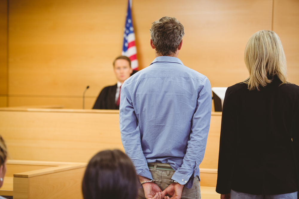 A male criminal is pictured from behind standing in front of a judge with an American flag in the background.