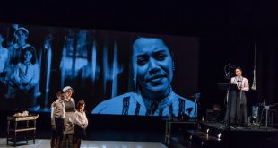 'Strange Window: The Turn of the Screw' at BAM Harvey Theater. Left to right: Joe Solava as Miles, Moe Angelos as Mrs. Grose, Finley Tarr as Flora, Lucia Roderique as Governess. Photo credit: Ed Lefkowicz