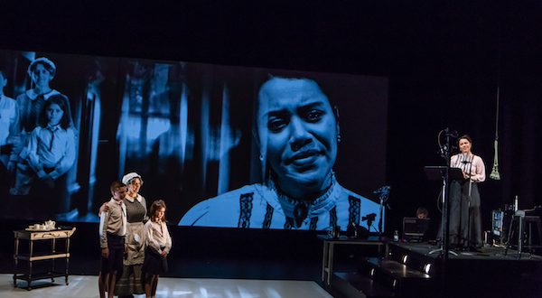 'Strange Window: The Turn of the Screw' at BAM Harvey Theater. Left to right: Joe Solava as Miles, Moe Angelos as Mrs. Grose, Finley Tarr as Flora, Lucia Roderique as Governess. Photo credit: Ed Lefkowicz