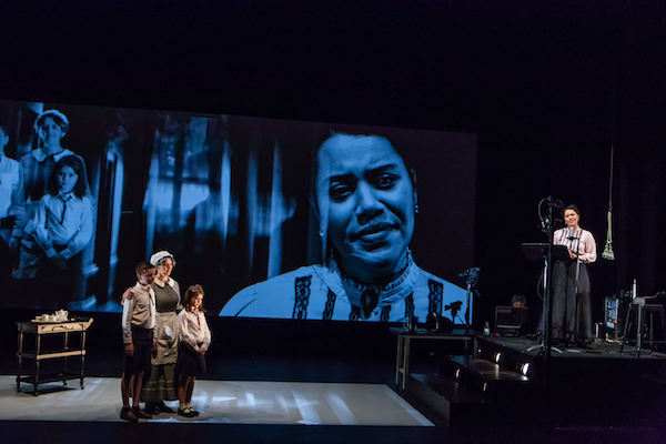 'Strange Window: The Turn of the Screw' at BAM Harvey Theater. Left to right: Joe Solava as Miles, Moe Angelos as Mrs. Grose, Finley Tarr as Flora, Lucia Roderique as Governess. Photo credit: Ed Lefkowicz