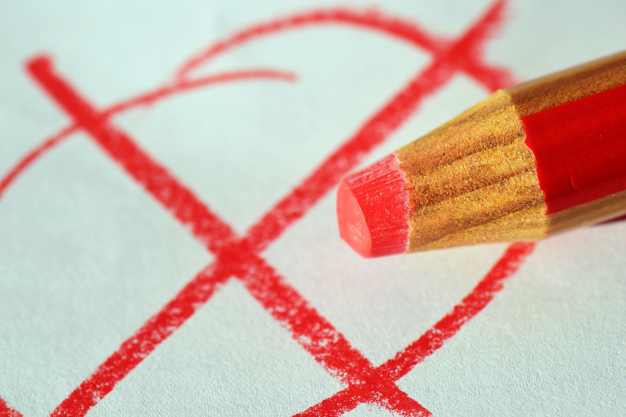 A red pencil sits best a circle with an X through it to indicate a vote