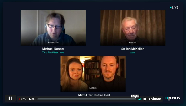 Image of Q&A moderator Michael Rosser and panelists Sir Ian McKellen and Tori & Matthew Butler-Hart