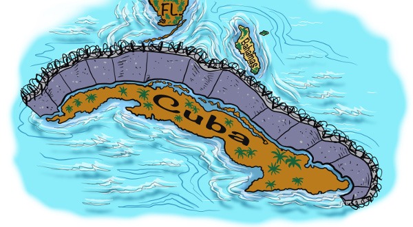 Illustration of a wall between Cuba, Florida, and the Bahamas