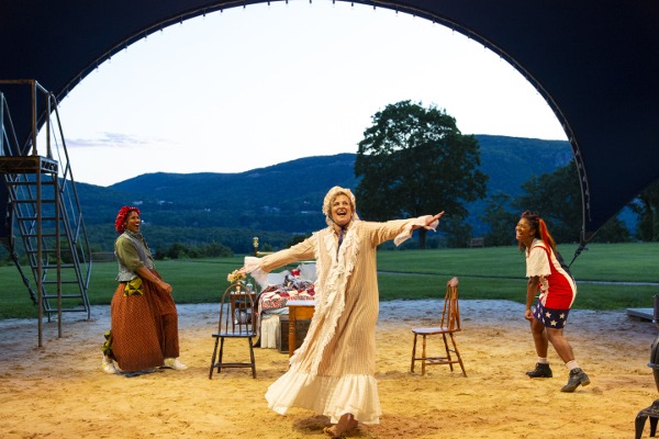 Photo of Claudia Logan, Nance Williamson, and Cyndii Johnson dancing in The Spectacularly Lamentable Trial of Miz Martha Washington