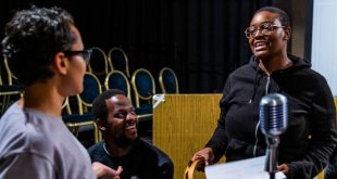 Photo of Nemide May, Samara Hamilton, and Sarel Madziya rehearsing Interruptions