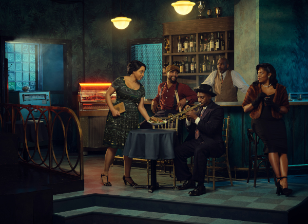 Production photo of Shayna Small, Alani iLongwe, Wendell B. Franklin, John Earl Jelks, and Tyla Abercrumbie in 'Paradise Blue'