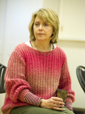 Photo of Karen Ascoe looking pensive during a 'Hamlet' rehearsal