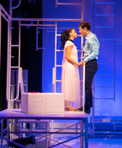 'Romeo & Bernadette' production still of Anna Kostakis as Bernadette and Nikita Burshteyn as Romeo for a balcony scene