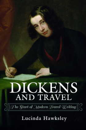 Book cover for Dickens and Travel showing Charles Dickens seated at a desk and writing