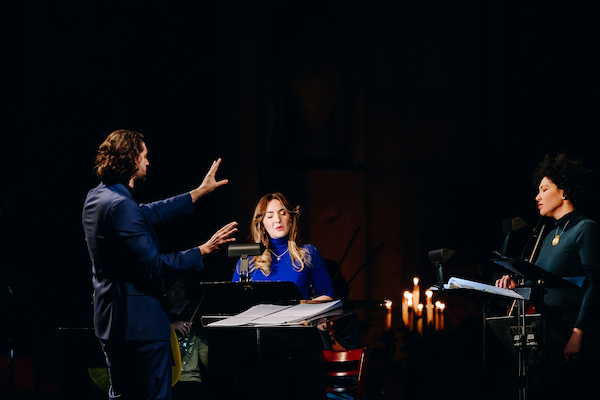 Christian Reif, Rachael Wilson, Julia Bullock in the performance of El Niño: Nativity Reconsidered by John Adams from American Modern Opera Company at Cathedral Church of St. John the Divine, 21 December 2022. Photo by Nina Westervelt