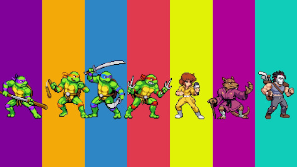Selectable characters Turtles, April, Shredder, and Casey Jones standing in a line
