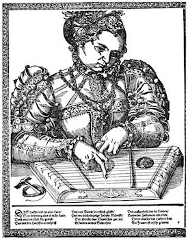 Tobias Stimmer woodcut engraving of a woman with a psaltery, circa 1570-1577.