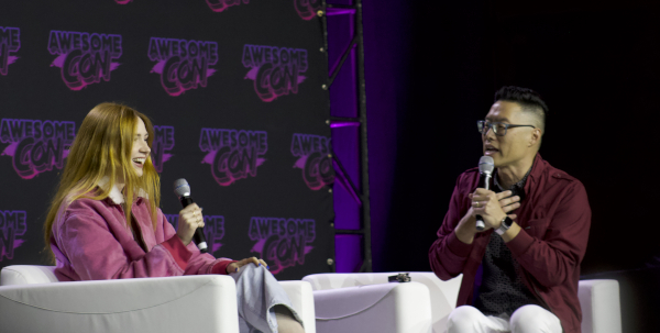Photo of Karen Gillan and Tony B Kim looking at each other