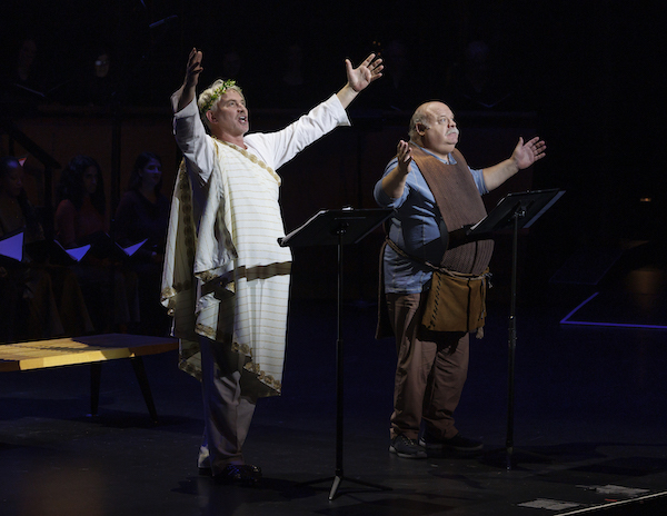 Douglas Sills as Dionysos and Kevin Chamberlin as Xanthias. MasterVoices presents The Frogs, Conducted and Directed by Ted Sperling. Rose Theater, Frederick P. Rose Hall, Jazz at Lincoln Center. Photo Credit: Erin Baiano