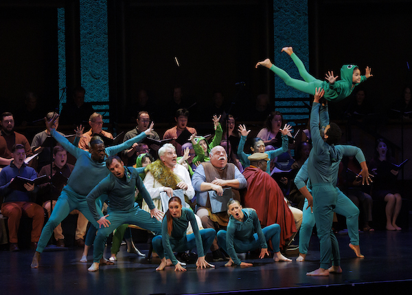 Douglas Sills as Dionysos and Kevin Chamberlin, center, with dancers. MasterVoices presents The Frogs, Conducted and Directed by Ted Sperling. Rose Theater, Frederick P. Rose Hall, Jazz at Lincoln Center. Photo Credit: Erin Baiano