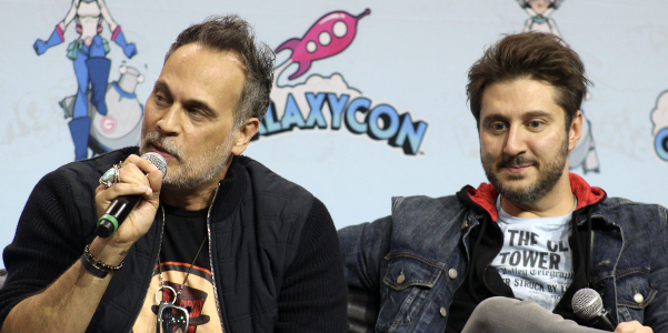 Photo of Todd Stashwick speaking while Terry Malalas listens at the Star Trek: Picard panel