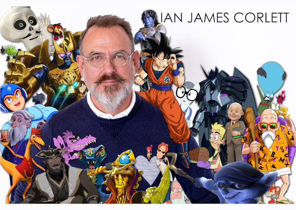 Photo of Ian James Corlett surrounded by his cartoon characters