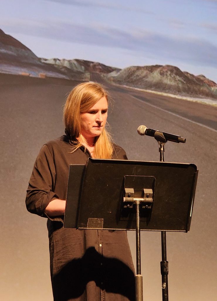 Host Phoebe Judge podcasting live at Tribeca Film Festival (Carole Di Tosti)