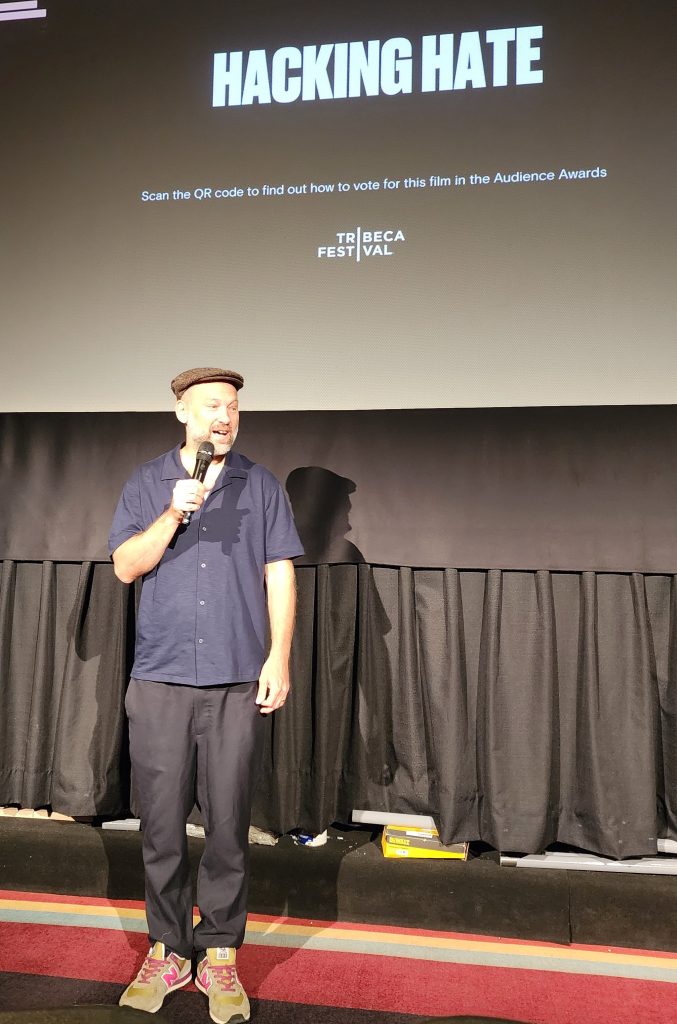 Swedish director Simon Klose during a Q and A, after the screening of 'Hacking Hate' (Carole Di Tosti)