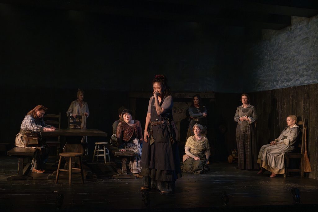 (L to R): Dale Soules, Mary McCann, Ann Harada, Sandra Oh, Tilly Bosford, Nadine Malouf, Hannah Cabell, Emily Cass McDonnell in 'The Welkin' (Ahron R. Foster)
