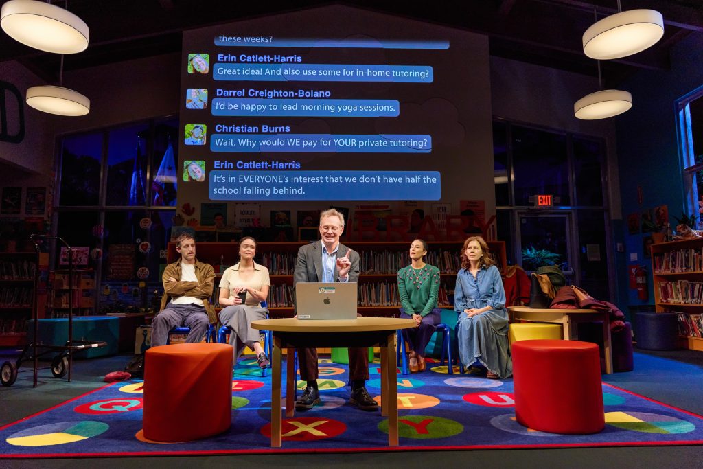 (L to R): Thomas Middleditch, Amber Gray, Bill Irwin, Chelsea Yakura-Kurtz, Jessica Hecht in 'Eureka Day' (Jeremy Daniel).