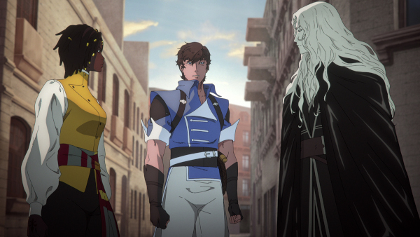 Animated still of one woman and two men