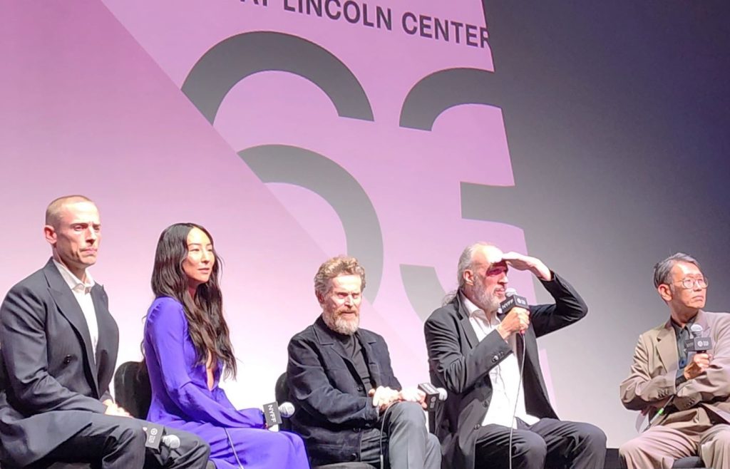 (L to R): Edmund Donovan, Greta Lee, Willem Dafoe, Kent Jones, Dennis Lim in the Q and A after the screening of Late Fame @NYFF (Carole Di Tosti)