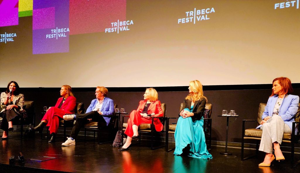(L to R): Safiya Umoja Noble, Ph.D., Jim Steyer, Secretary Clinton, Jennifer Siebel Newsom, Stephanie Ruhle after the world premiere screening of 'Miss Representation: Rise Up' (Carole Di Tosti)