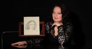 Pianist Ana-Marija Markovina at the piano, with drawing of Fanny Mendelssohn Hensel (Dina Amonetti)