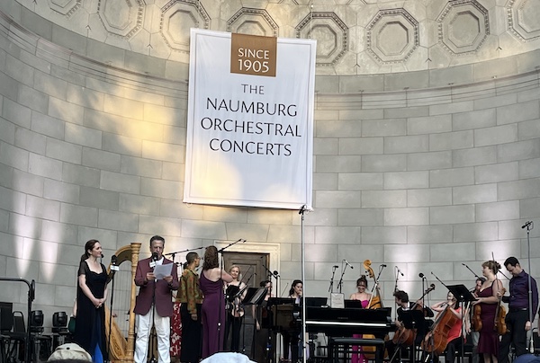 WQXR's Elliott Forrest introduces Simone Dinnerstein (L) and Baroklyn, 9 June 2026 (Oren Hope)
