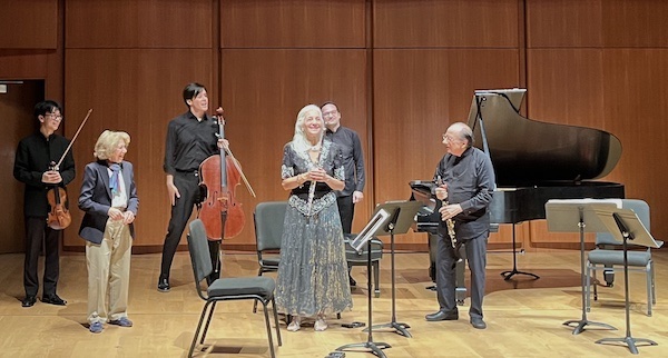 Victoria Bond (second from left) joins the musicians after her "Tarot Magic in Music" concert at the Morgan Library, 23 September 2026 (Oren Hope)